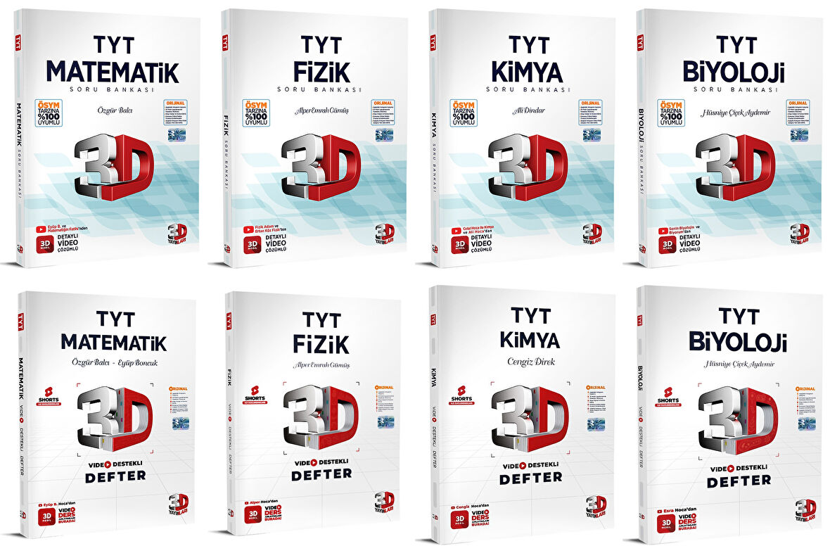 3D Yayınları 2024 Tyt Matematik + Fizik + Kimya + Biyoloji Video Destekli Defter + Soru Seti 8 Kitap