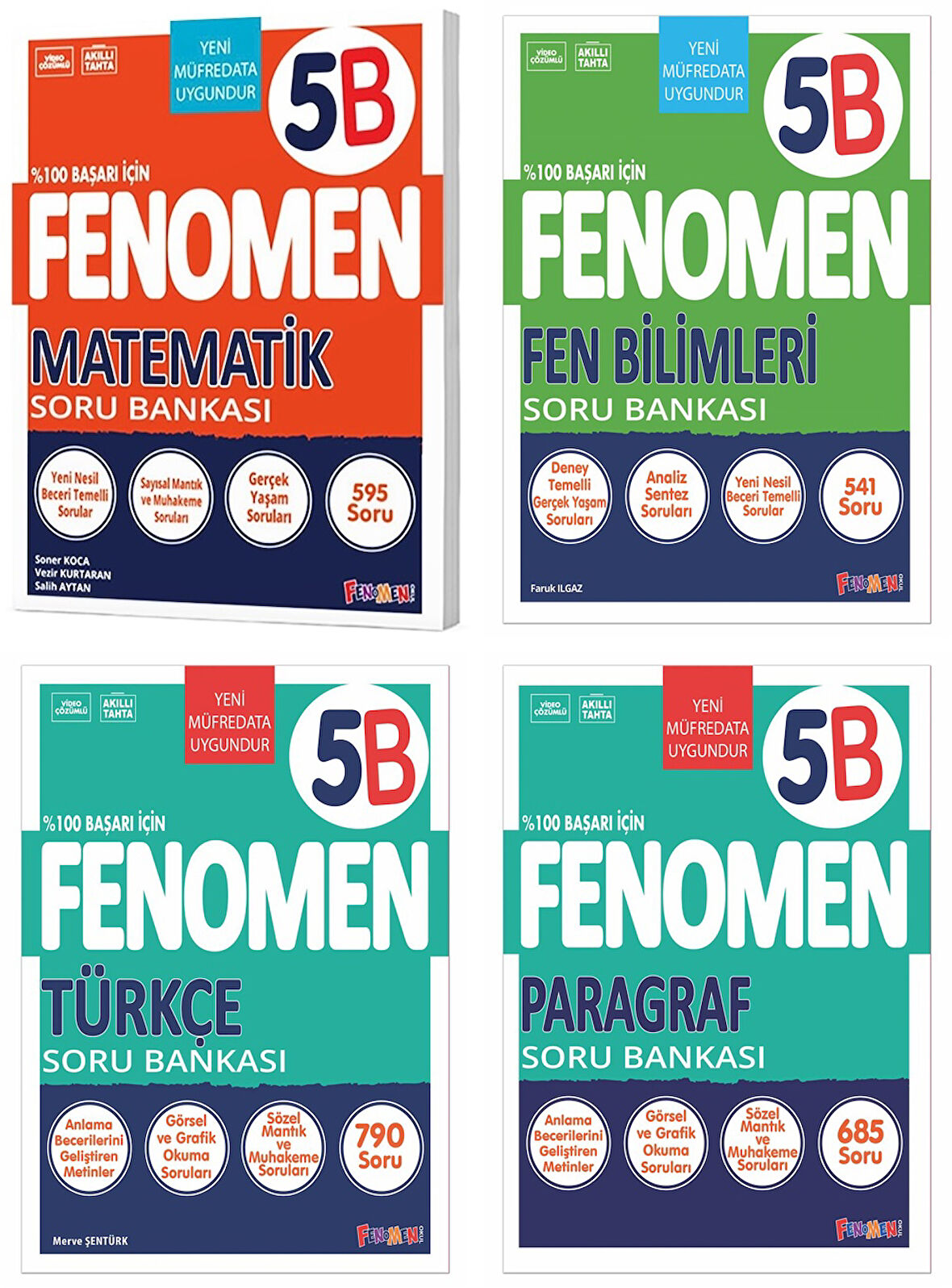 Fenomen Okul 2025 5. Sınıf Matematik + Türkçe + Fen + Paragraf B Serisi Soru Seti 4 Kitap Güncel Müfredat