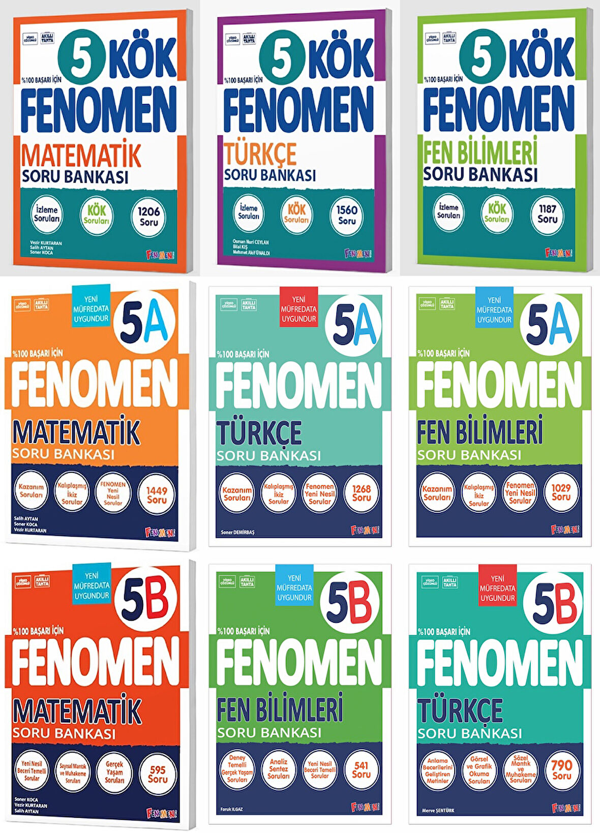 Fenomen Okul 2025 5. Sınıf Matematik + Türkçe + Fen Kök + A + B Soru Seti 9 Kitap Güncel Müfredat