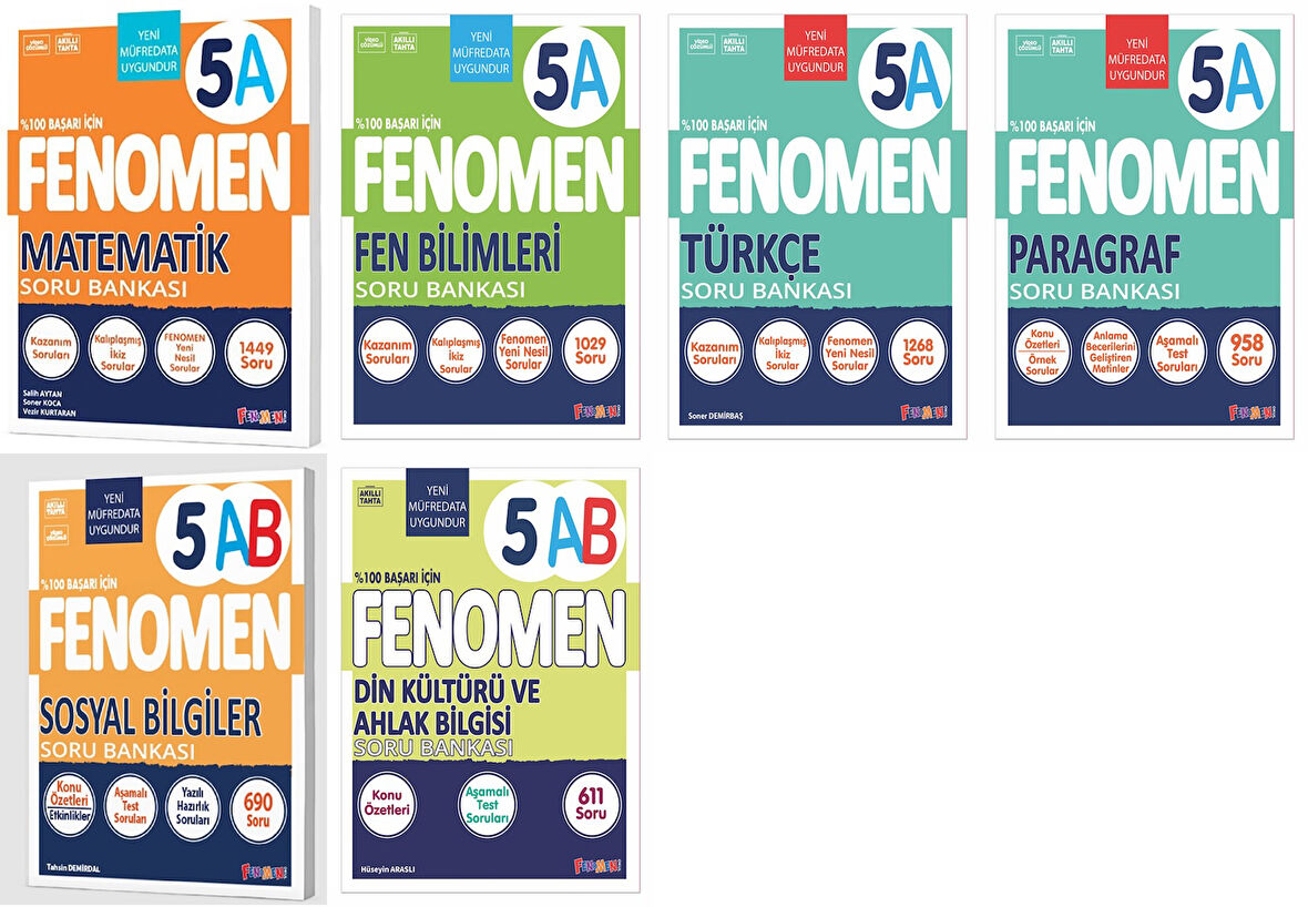 Fenomen Okul 2025 5. Sınıf Matematik + Türkçe + Fen + Paragraf + Sosyal + Din A Soru Seti 6 Kitap Güncel Müfredat