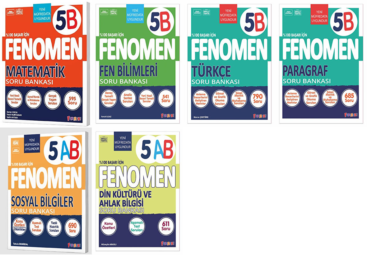 Fenomen Okul 2025 5. Sınıf Matematik + Türkçe + Fen + Paragraf + Sosyal + Din B Soru Seti 6 Kitap Güncel Müfredat