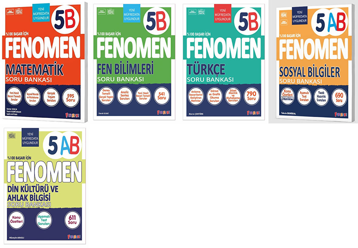 Fenomen Okul 2025 5. Sınıf Matematik + Türkçe + Fen + Sosyal + Din B Soru Seti 5 Kitap Güncel Müfredat