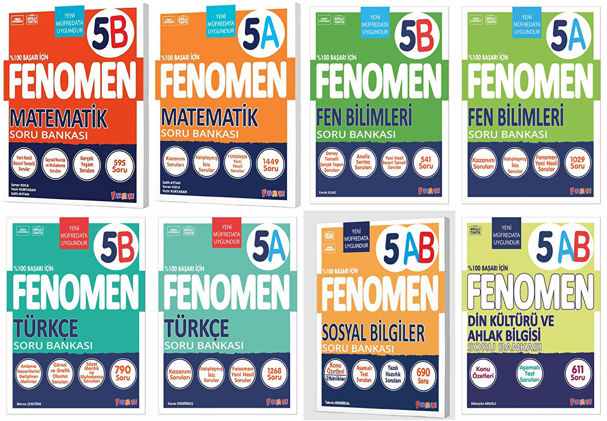 Fenomen Okul 2025 5. Sınıf Matematik + Türkçe + Fen + Sosyal + Din A + B Soru Seti 8 Kitap Güncel Müfredat