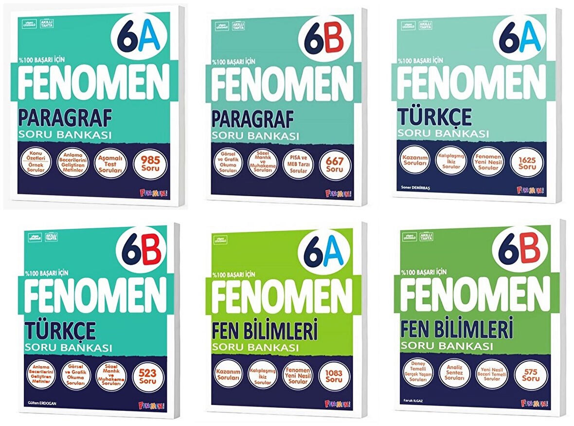 Fenomen Okul 2025 6. Sınıf Paragraf + Türkçe + Fen A + B Serisi Soru Seti 6 Kitap