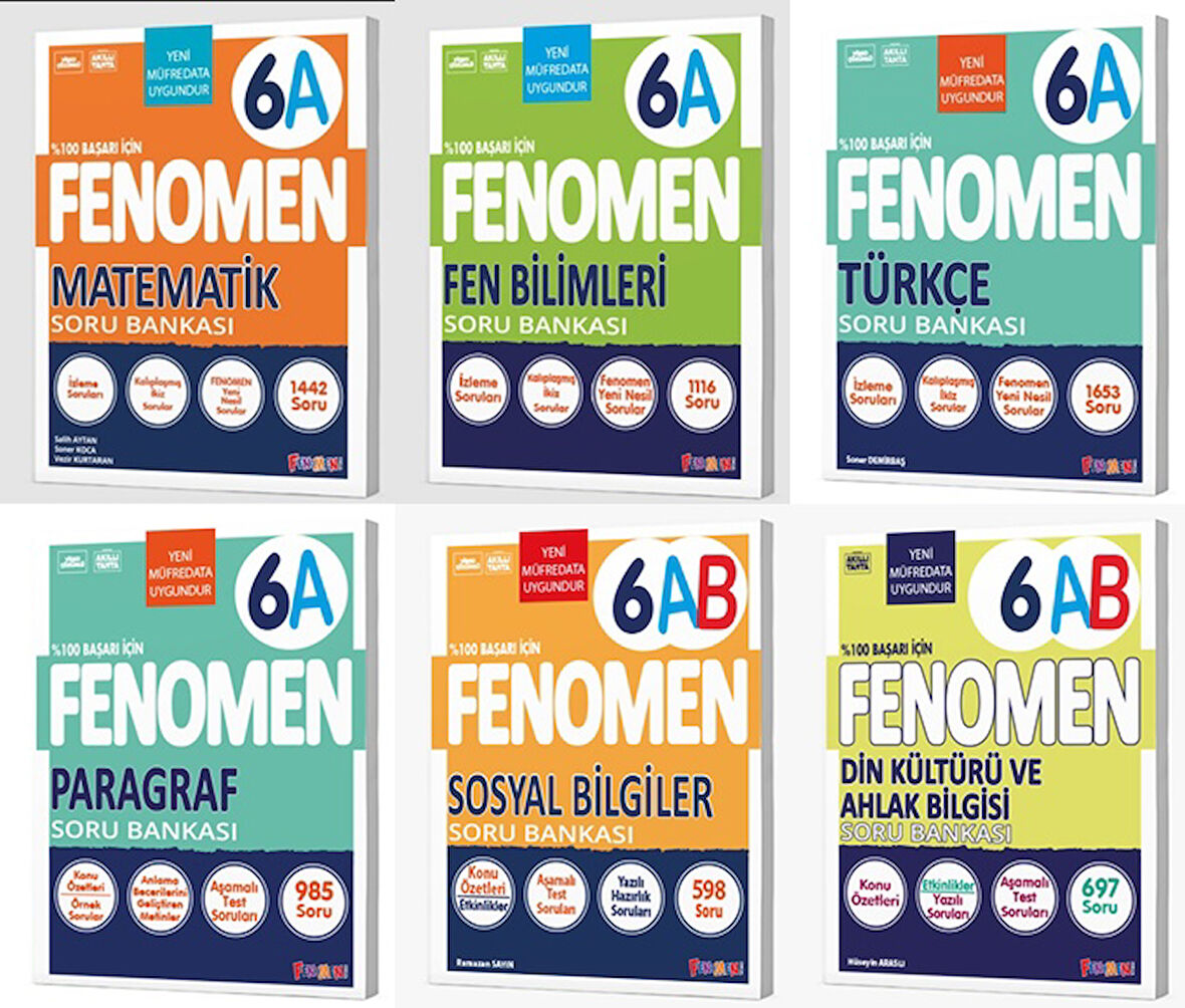 Fenomen Okul 2026 6. Sınıf Matematik + Türkçe + Fen + Paragraf + Sosyal + Din A Soru Seti 6 Kitap Güncel Müfredat