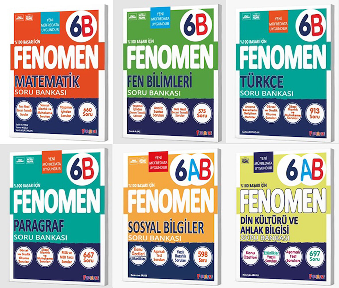 Fenomen Okul 2026 6. Sınıf Matematik + Türkçe + Fen + Paragraf + Sosyal + Din B Soru Seti 6 Kitap Güncel Müfredat