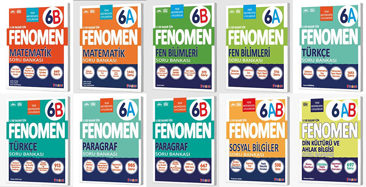 Fenomen Okul 2026 6. Sınıf Matematik + Türkçe + Fen + Paragraf + Sosyal + Din A + B Soru Seti 12 Kitap Güncel Müfredat