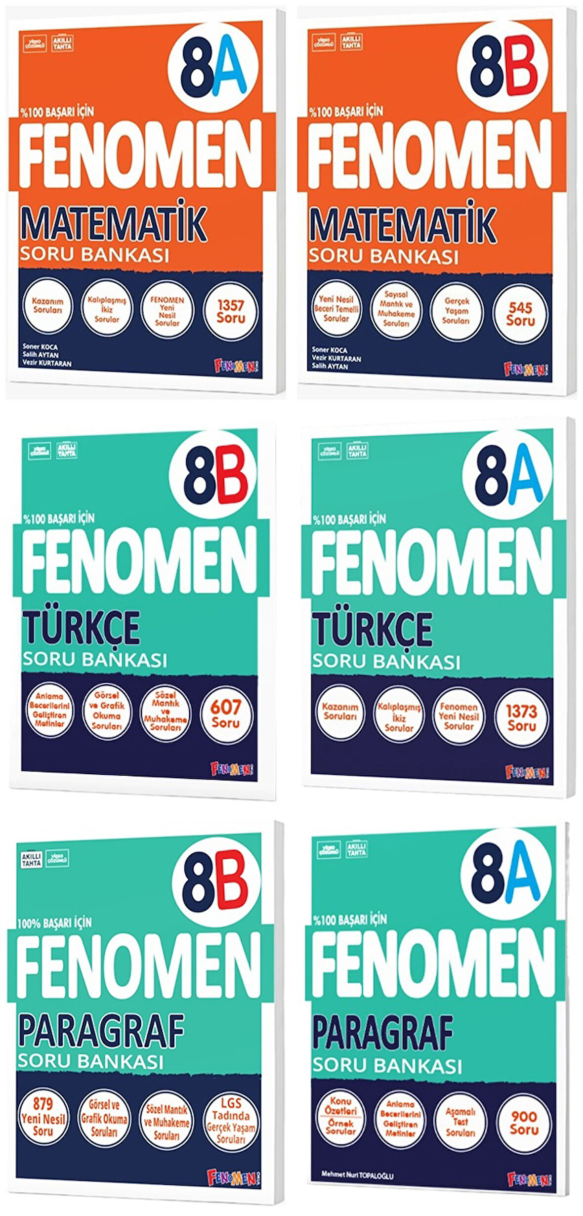Fenomen Okul 2025 8. Sınıf Matematik + Türkçe + Paragraf A + B Serisi Soru Bankası Seti 6 Kitap