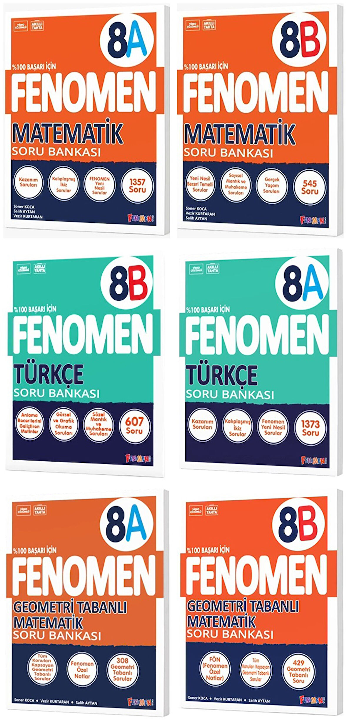 Fenomen Okul 2025 8. Sınıf Matematik + Türkçe + Geometri A + B Serisi Soru Bankası Seti 6 Kitap