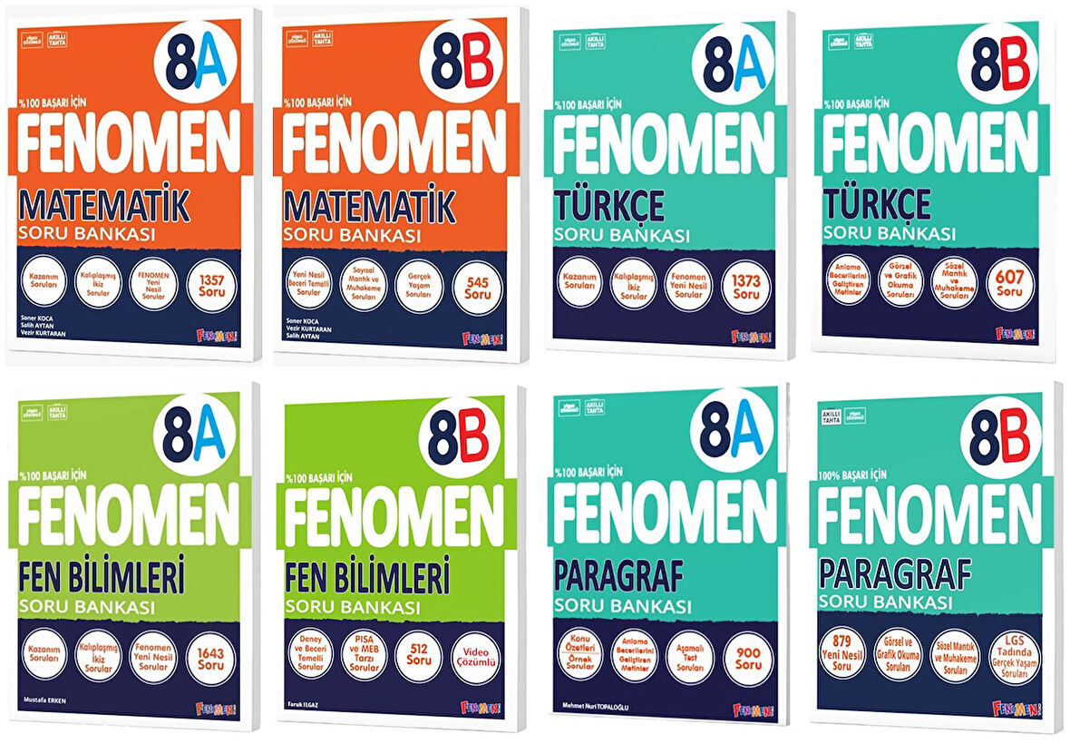 Fenomen Okul 2025 8. Sınıf Matematik + Türkçe + Fen + Paragraf A + B Serisi Soru Bankası Seti 8 Kitap