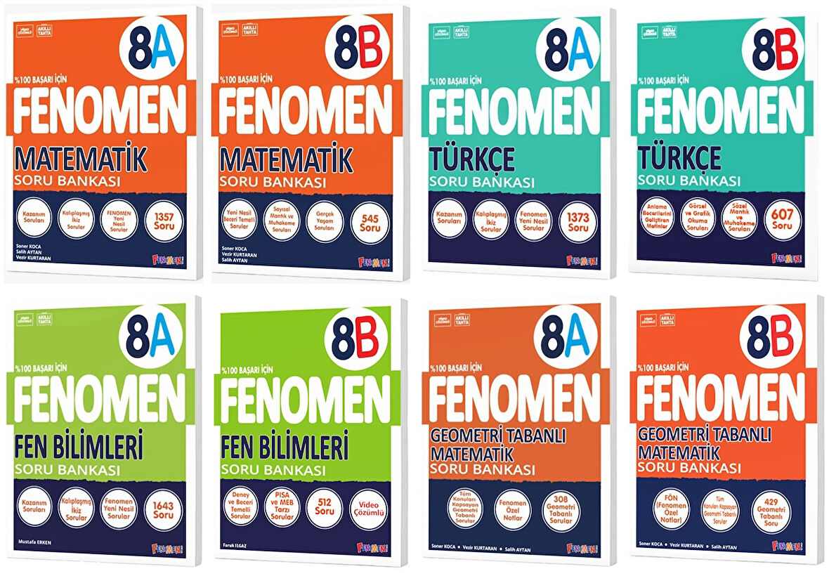 Fenomen Okul 2025 8. Sınıf Matematik + Türkçe + Fen + Geometri A + B Serisi Soru Bankası Seti 8 Kitap