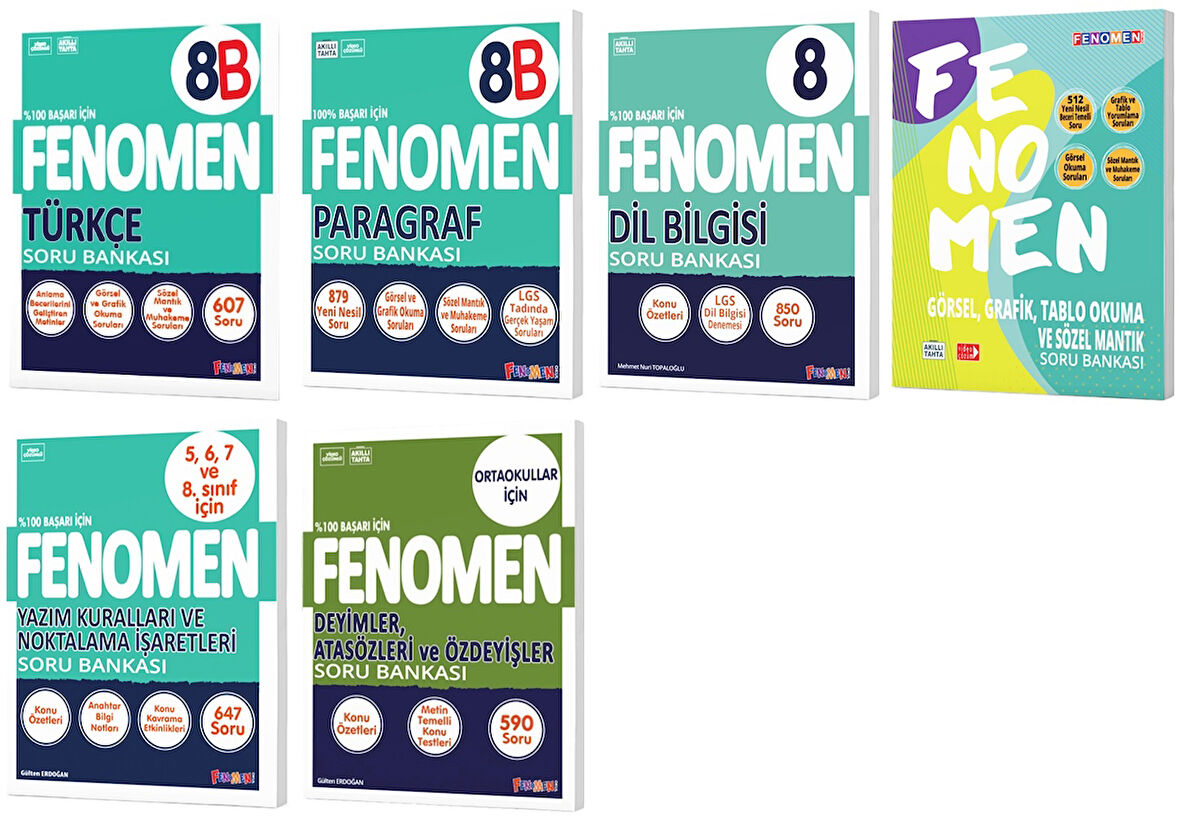 Fenomen Okul 2025 8. Sınıf Türkçe + Paragraf B Serisi + Dil Bilgisi + Görsel + Yazım + Ata Söz Soru Seti 6 Kitap