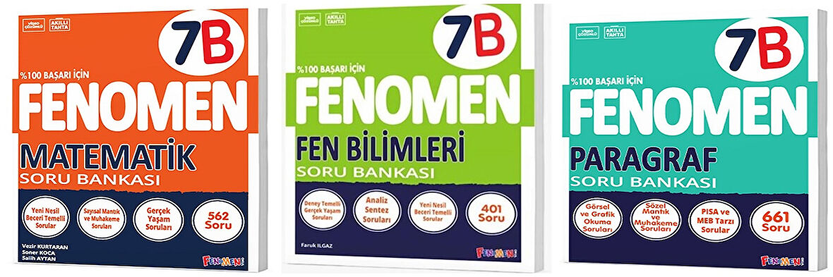 Fenomen Okul 2025 7. Sınıf Matematik + Paragraf + Fen B Serisi Soru Seti 3 Kitap