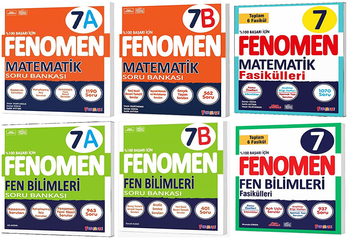Fenomen Okul 2025 7. Sınıf Matematik + Fen A + B Serisi Soru + Fasikül Seti 6 Kitap
