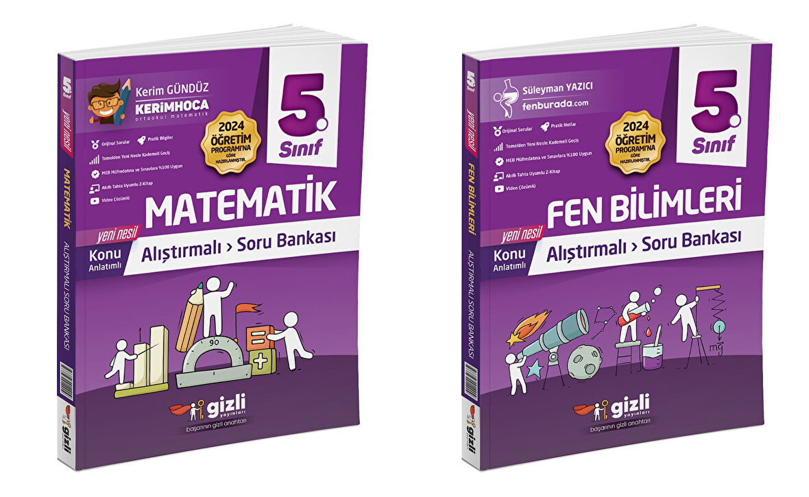 Gizli 2025 5. Sınıf Matematik + Fen Bilimleri Alıştırmalı Soru Bankası Seti 2 Kitap