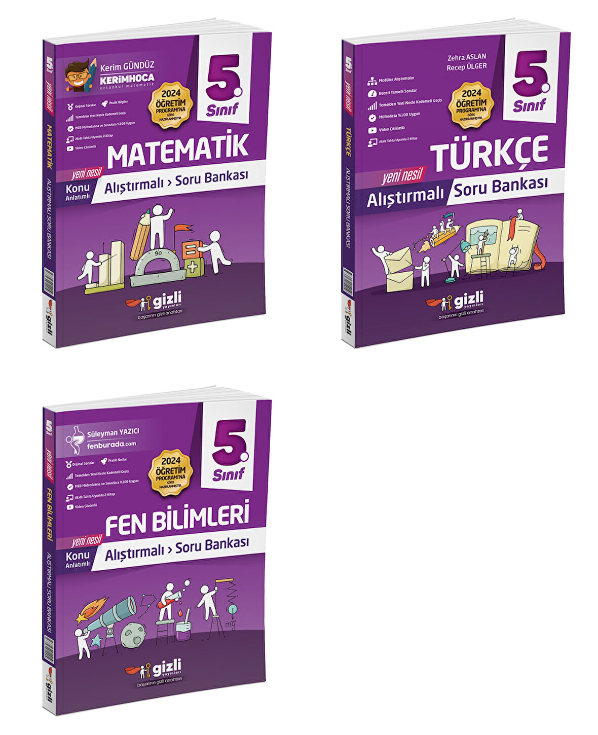 Gizli 2025 5. Sınıf Matematik + Türkçe + Fen Alıştırmalı Soru Bankası Seti 3 Kitap