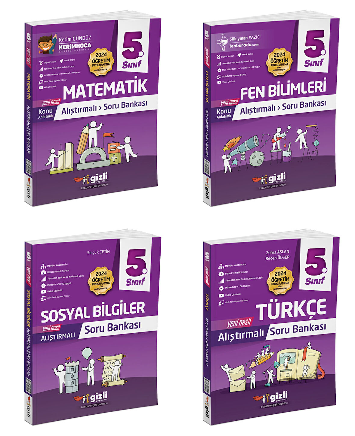 Gizli 2025 5. Sınıf Matematik + Türkçe + Fen + Sosyal Alıştırmalı Soru Bankası Seti 4 Kitap