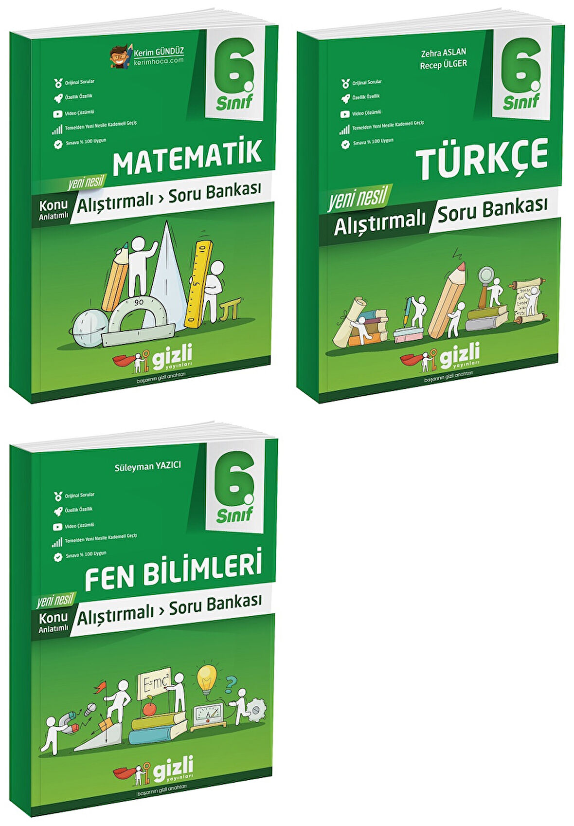 Gizli 2025 6. Sınıf Matematik + Türkçe + Fen Alıştırmalı Soru Bankası Seti 3 Kitap