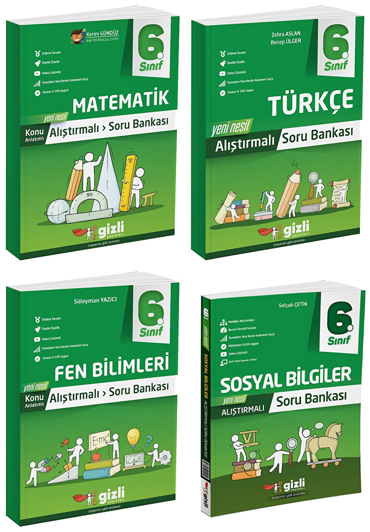 Gizli 2025 6. Sınıf Matematik + Türkçe + Fen + Sosyal Alıştırmalı Soru Bankası Seti 4 Kitap