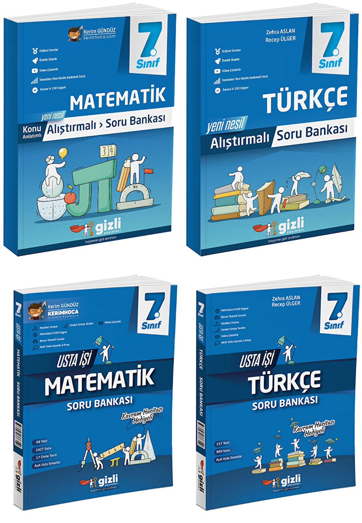 Gizli 2025 7. Sınıf Matematik + Türkçe Alıştırmalı + Usta İşi Soru Bankası Seti 4 Kitap Güncel Müfredat