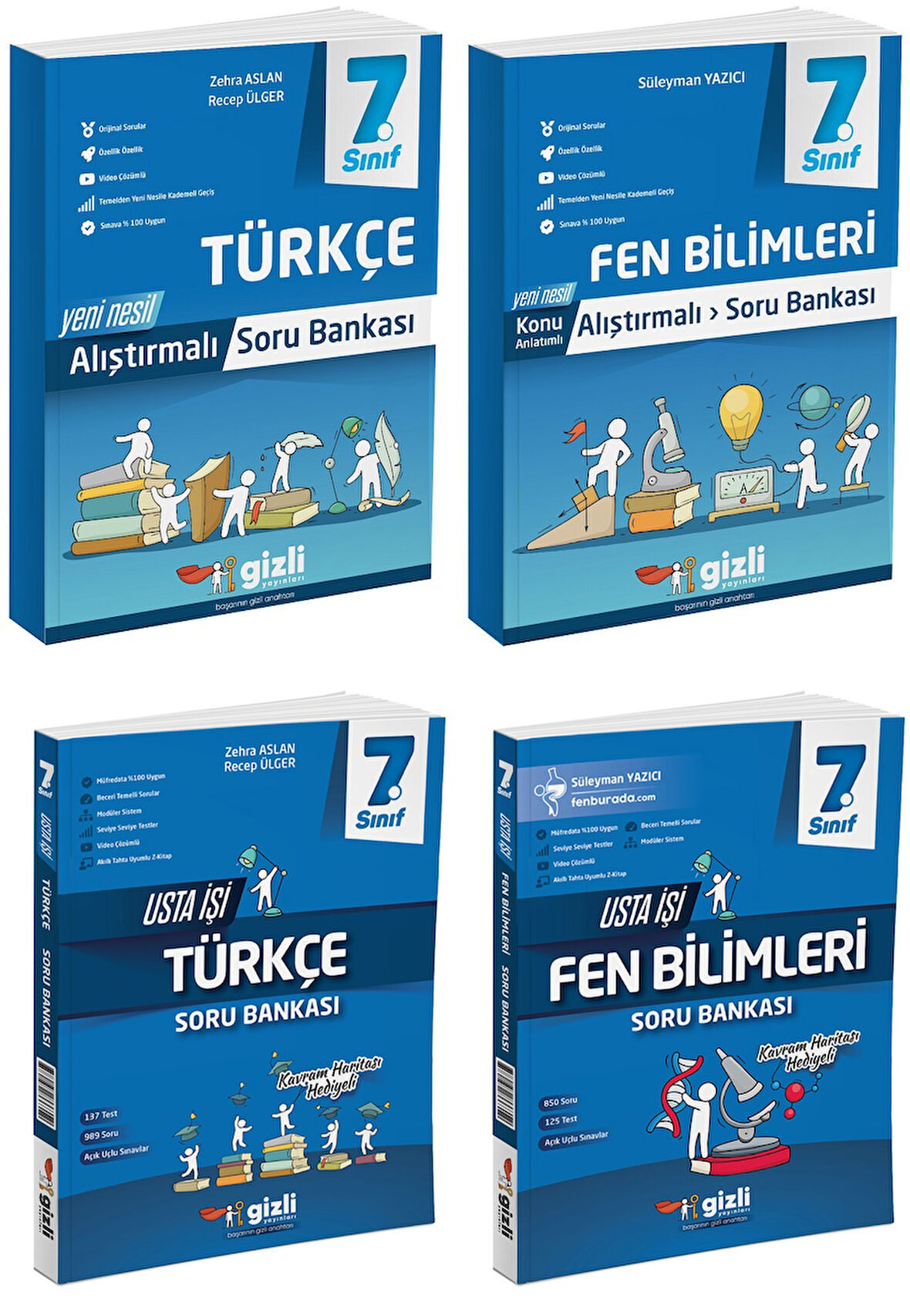 Gizli 2025 7. Sınıf Türkçe + Fen Bilimleri Alıştırmalı + Usta İşi Soru Bankası Seti 4 Kitap Güncel Müfredat