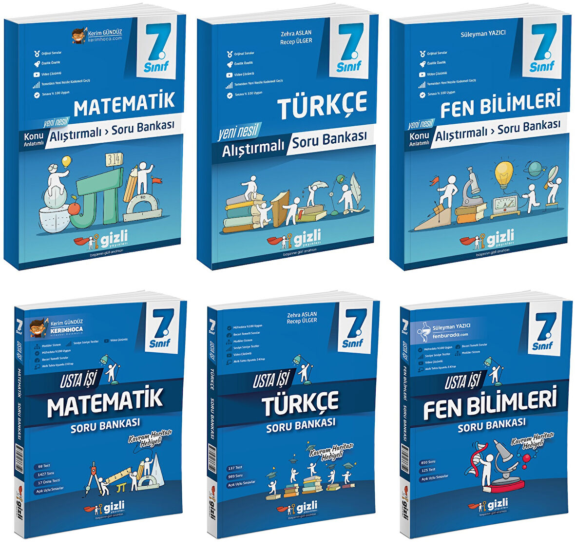 Gizli 2025 7. Sınıf Matematik + Türkçe + Fen Alıştırmalı + Usta İşi Soru Bankası Seti 6 Kitap Güncel Müfredat