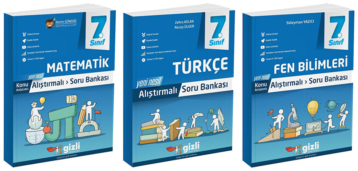 Gizli 2025 7. Sınıf Matematik + Türkçe + Fen Alıştırmalı Soru Bankası Seti 3 Kitap