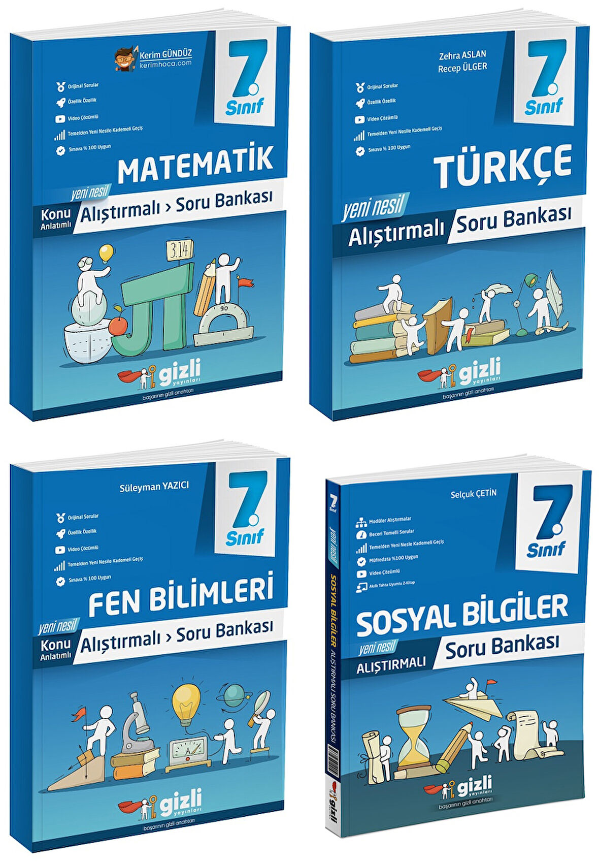 Gizli 2025 7. Sınıf Matematik + Türkçe + Fen + Sosyal Alıştırmalı Soru Bankası Seti 4 Kitap