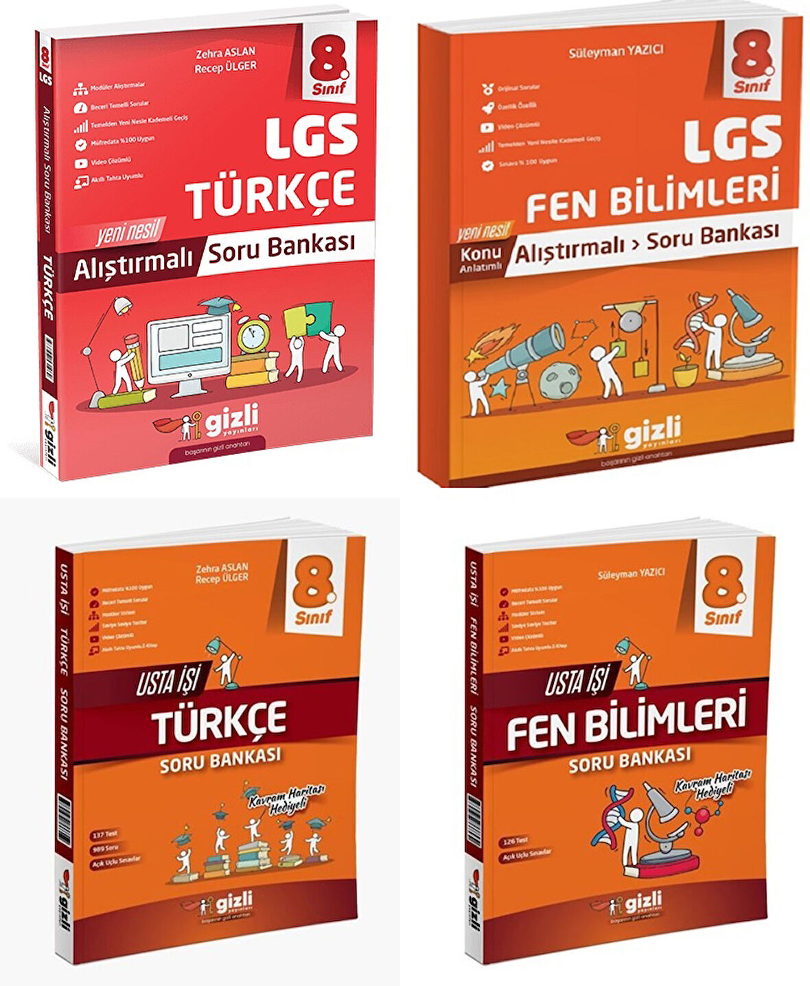 Gizli 2025 8. Sınıf Lgs Türkçe + Fen Bilimleri Alıştırmalı + Usta İşi Soru Bankası Seti 4 Kitap Güncel Müfredat