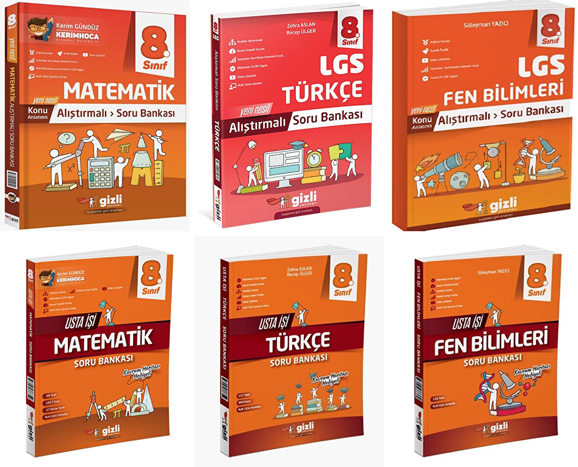 Gizli 2025 8. Sınıf Lgs Matematik + Türkçe + Fen Alıştırmalı + Usta İşi Soru Bankası Seti 6 Kitap Güncel Müfredat