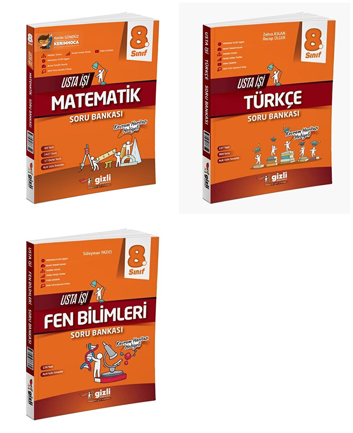 Gizli 2025 8. Sınıf Lgs Matematik + Türkçe + Fen Usta İşi Soru + Kavram Haritası Seti 3 Kitap