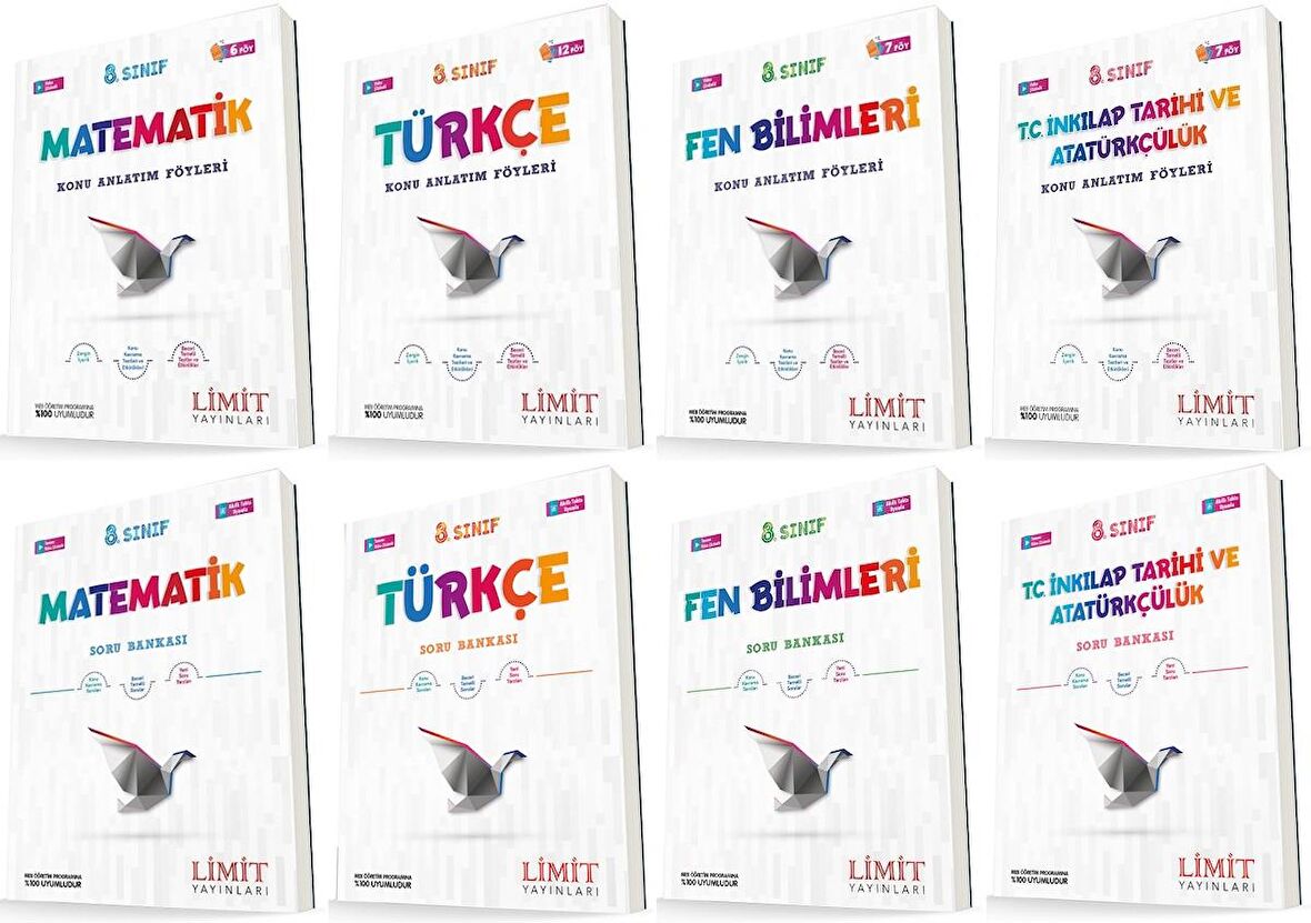 Limit 8. Sınıf Matematik + Türkçe + Fen + İnkılap Konu Föyleri + Soru Seti 8 Kitap 2023