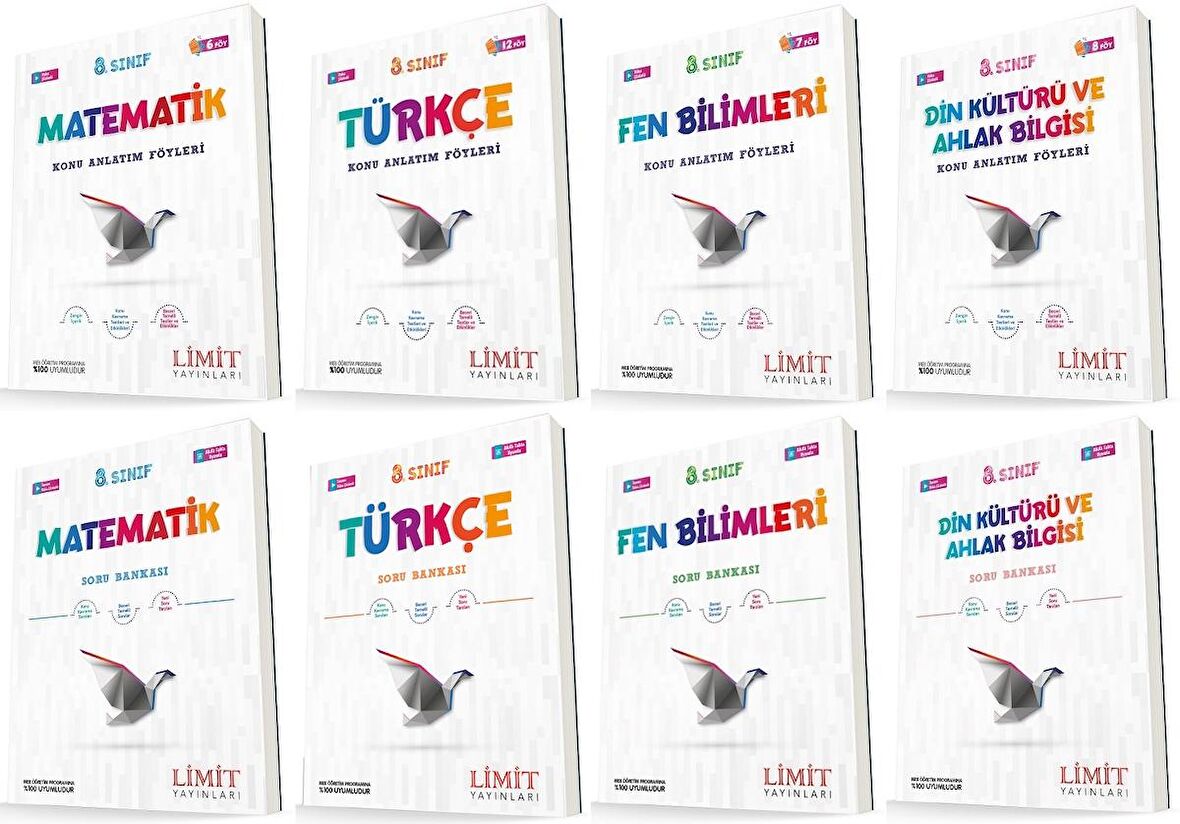 Limit 8. Sınıf Matematik + Türkçe + Fen + Din Konu Föyleri + Soru Seti 8 Kitap 2023