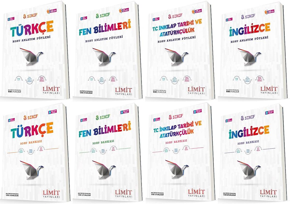 Limit 8. Sınıf Türkçe + Fen + İnkılap + İngilizce Konu Föyleri + Soru Seti 8 Kitap 2023