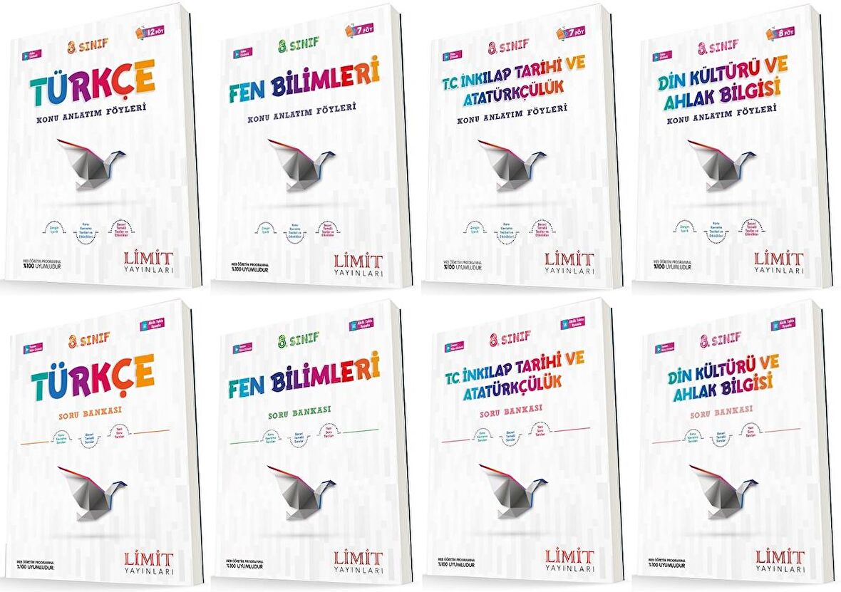 Limit 8. Sınıf Türkçe + Fen + İnkılap + Din Konu Föyleri + Soru Seti 8 Kitap 2023