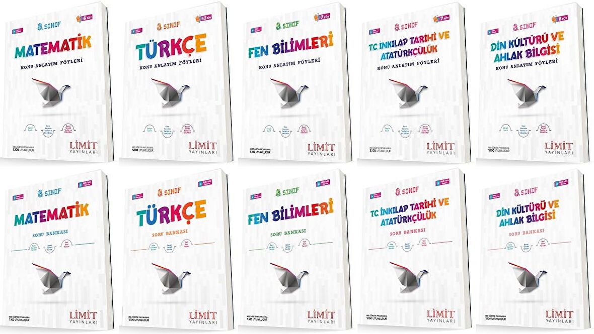 Limit 8. Sınıf Matematik + Türkçe + Fen + İnkılap + Din Konu Föyleri + Soru Seti 10 Kitap 2023