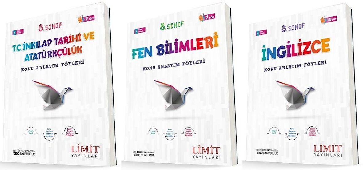 Limit 8. Sınıf İnkılap + Fen + İngilizce Konu Föyleri Seti 3 Kitap 2023