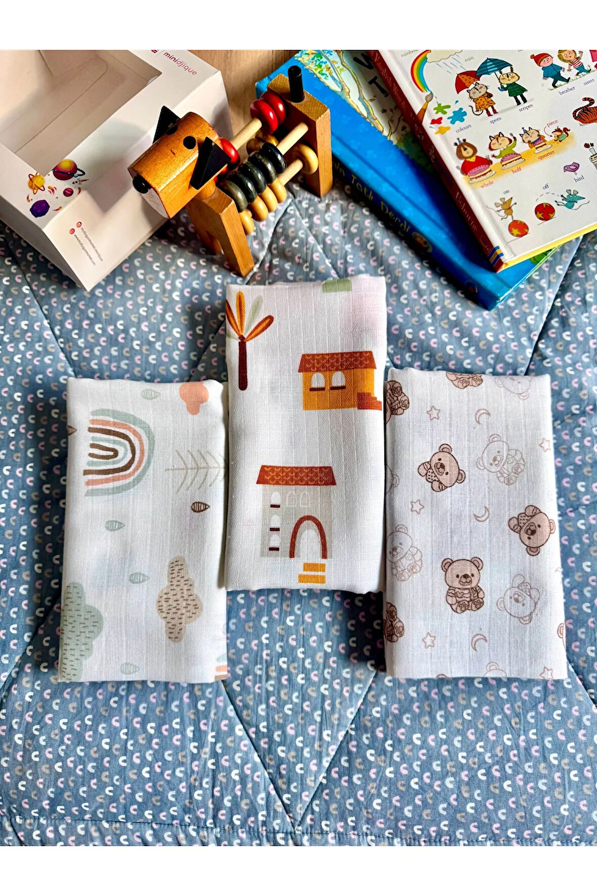 Çok Amaçlı Müslin Örtü & Battaniye 3'lü Set %100 Pamuk Oeko-Tex Sertifikalı 80x80 Cm