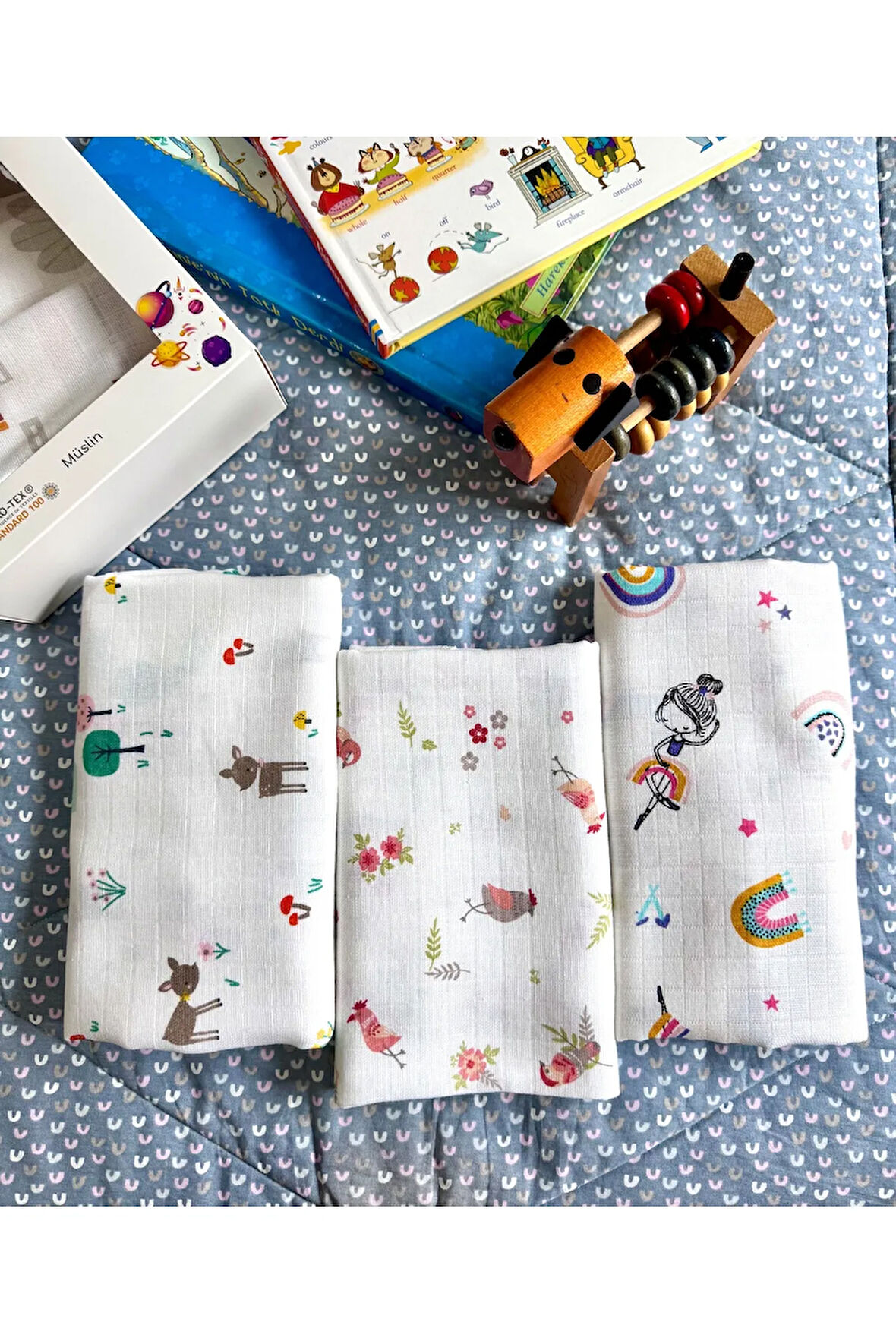 Çok Amaçlı Müslin Örtü & Battaniye 3'lü Set %100 Pamuk Oeko-Tex Sertifikalı 80x80 Cm