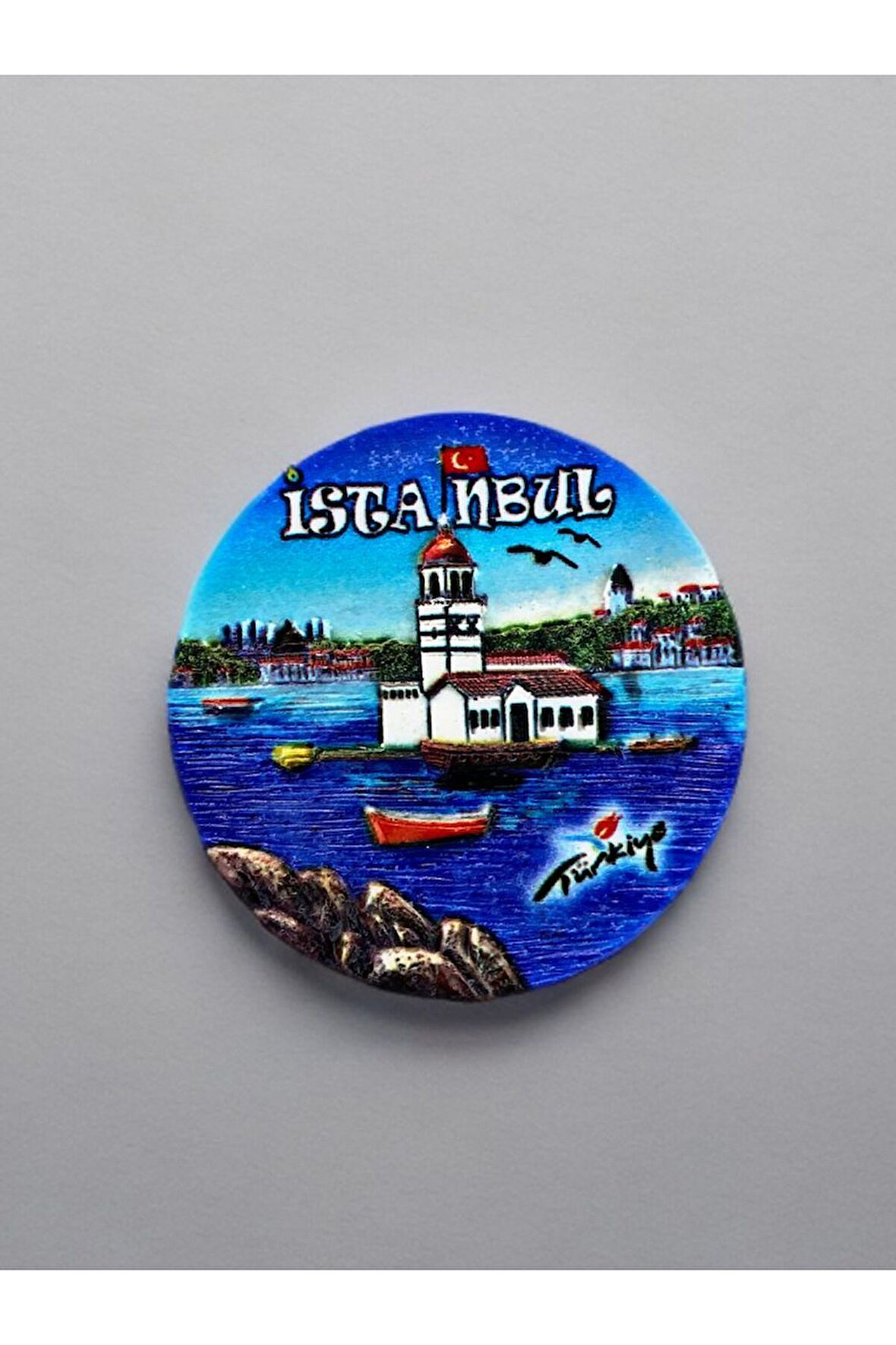 İstanbul Temalı Kabartma Polyester Magnet. 7cm Çap. Mavi