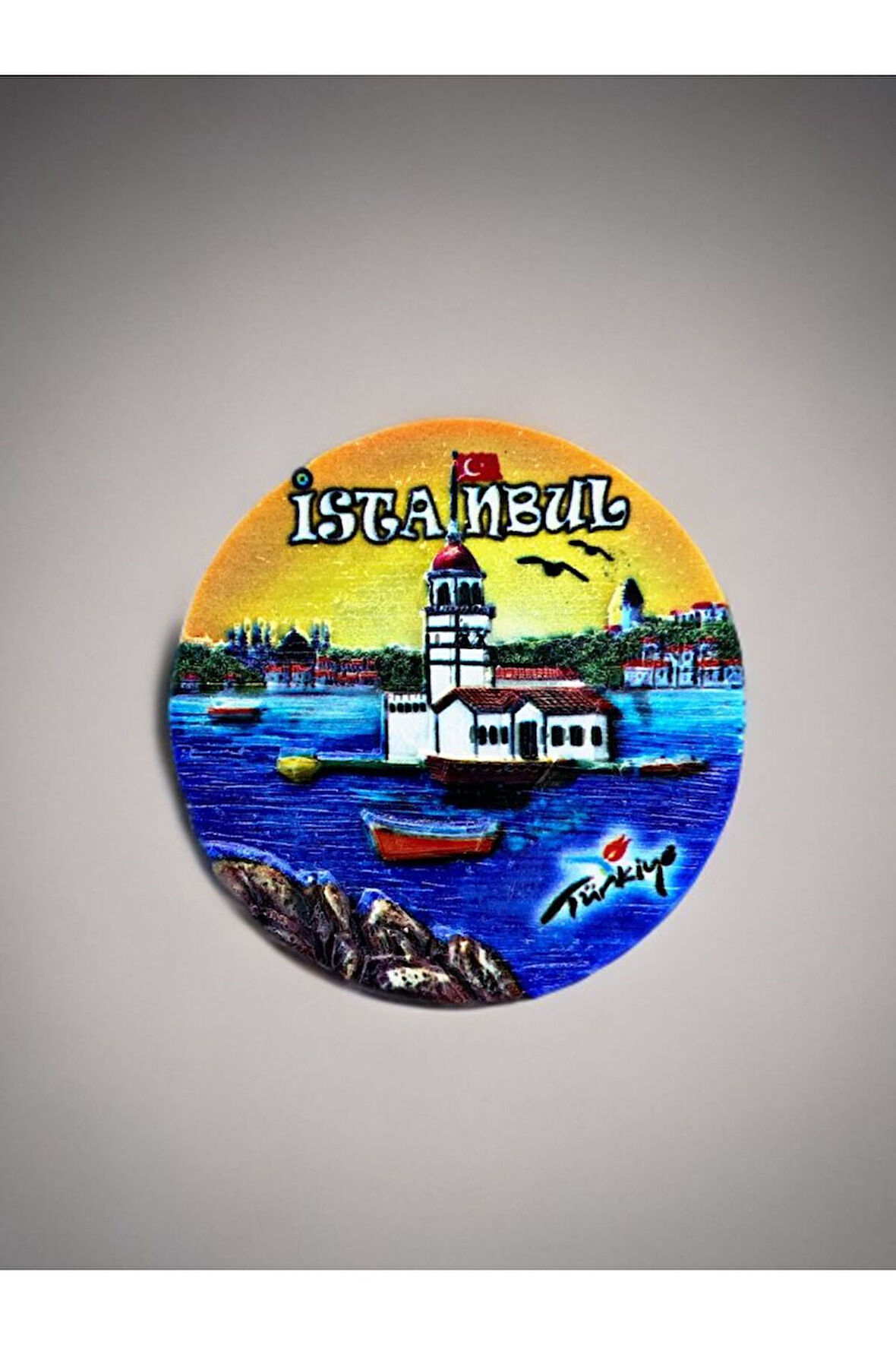 İstanbul Temalı Kabartma Polyester Magnet. 7cm Çap. Turuncu