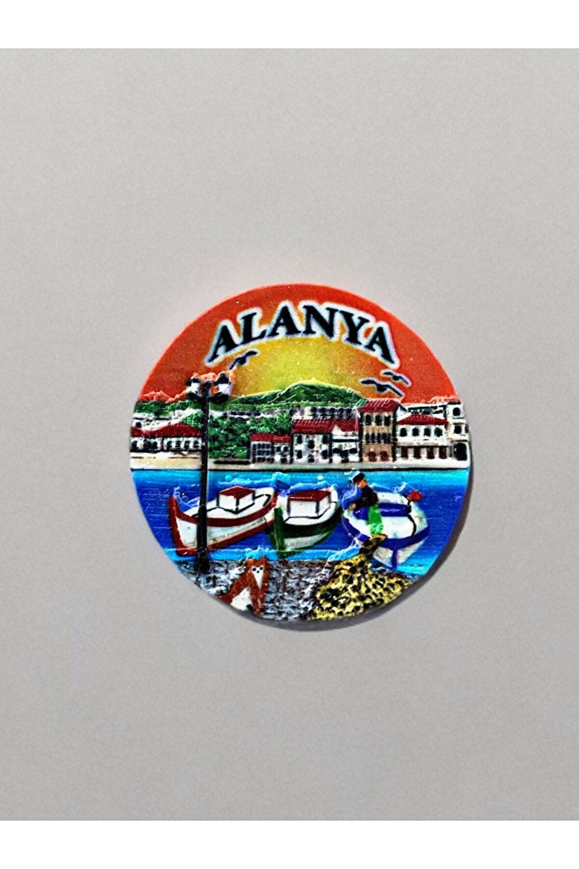 ALANYA Temalı Kabartma Polyester Magnet. 7cm çap. Turuncu
