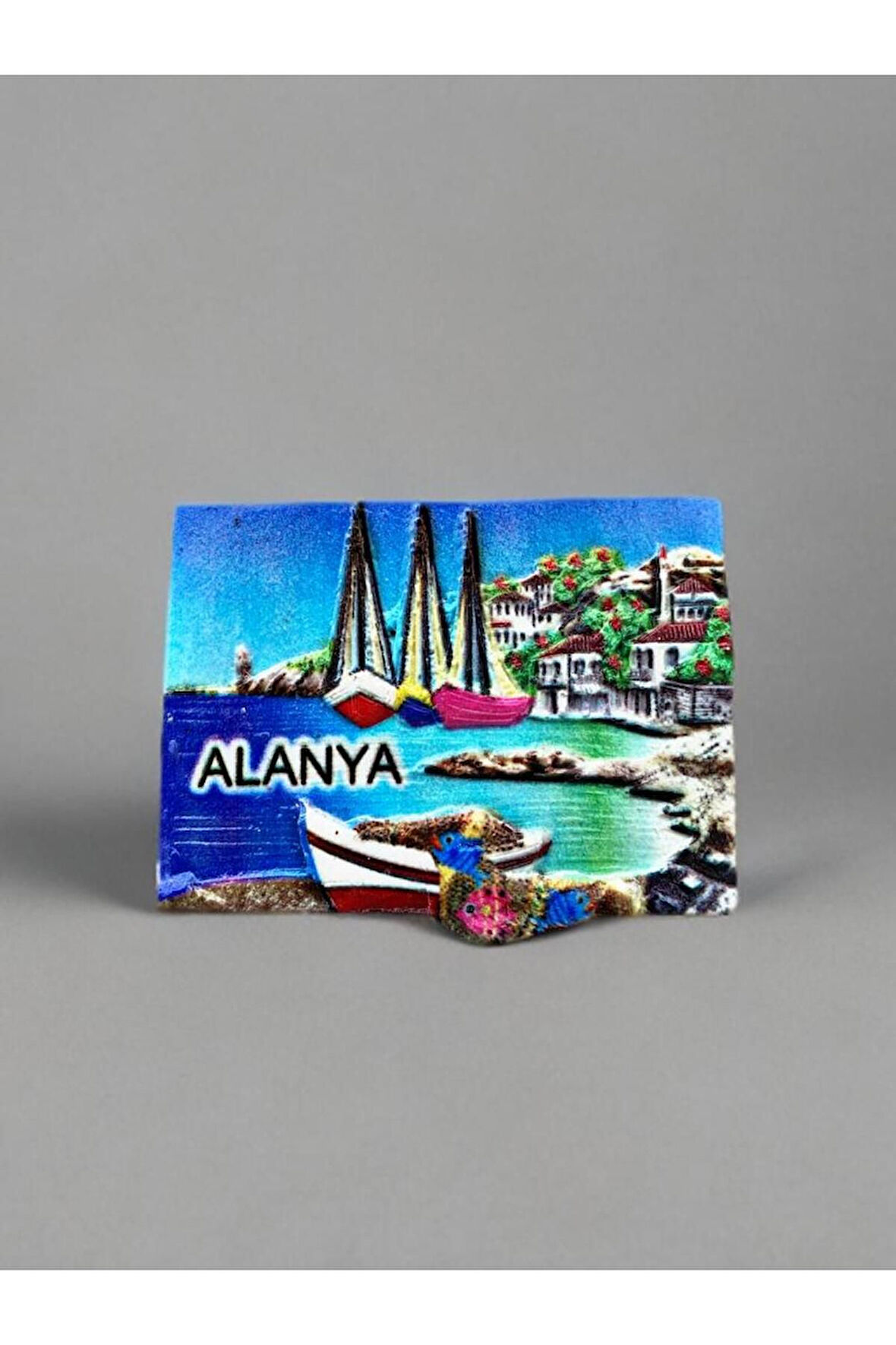 ALANYA Temalı Kabartma Polyester Magnet. 7cm x 6cm. Mavi