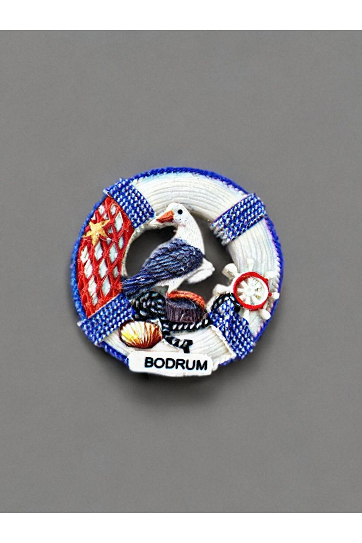 BODRUM Temalı Kabartmalı Polyester Magnet. 6,5cm çap. Mavi