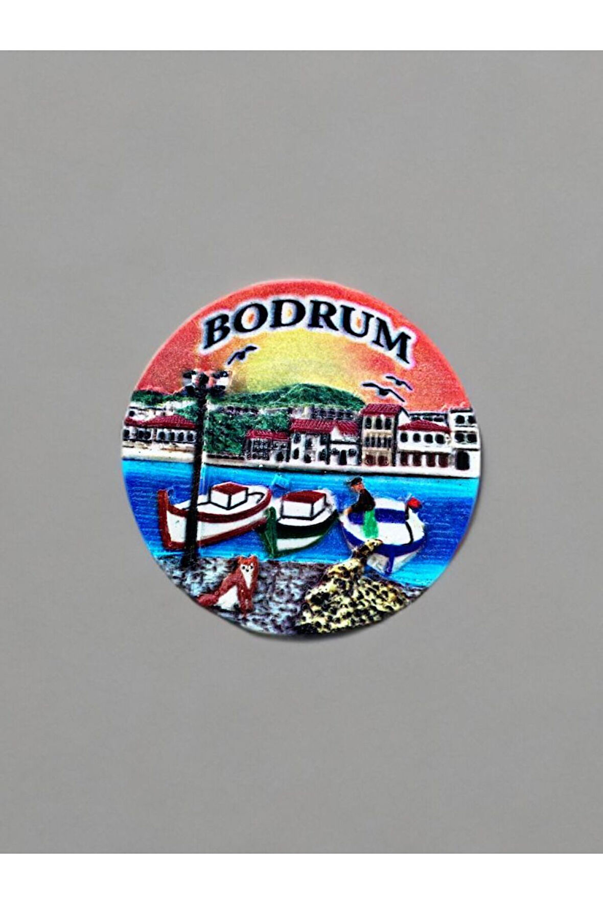 BODRUM Temalı Kabartmalı Polyester Magnet. 6,5cm çap Turuncu