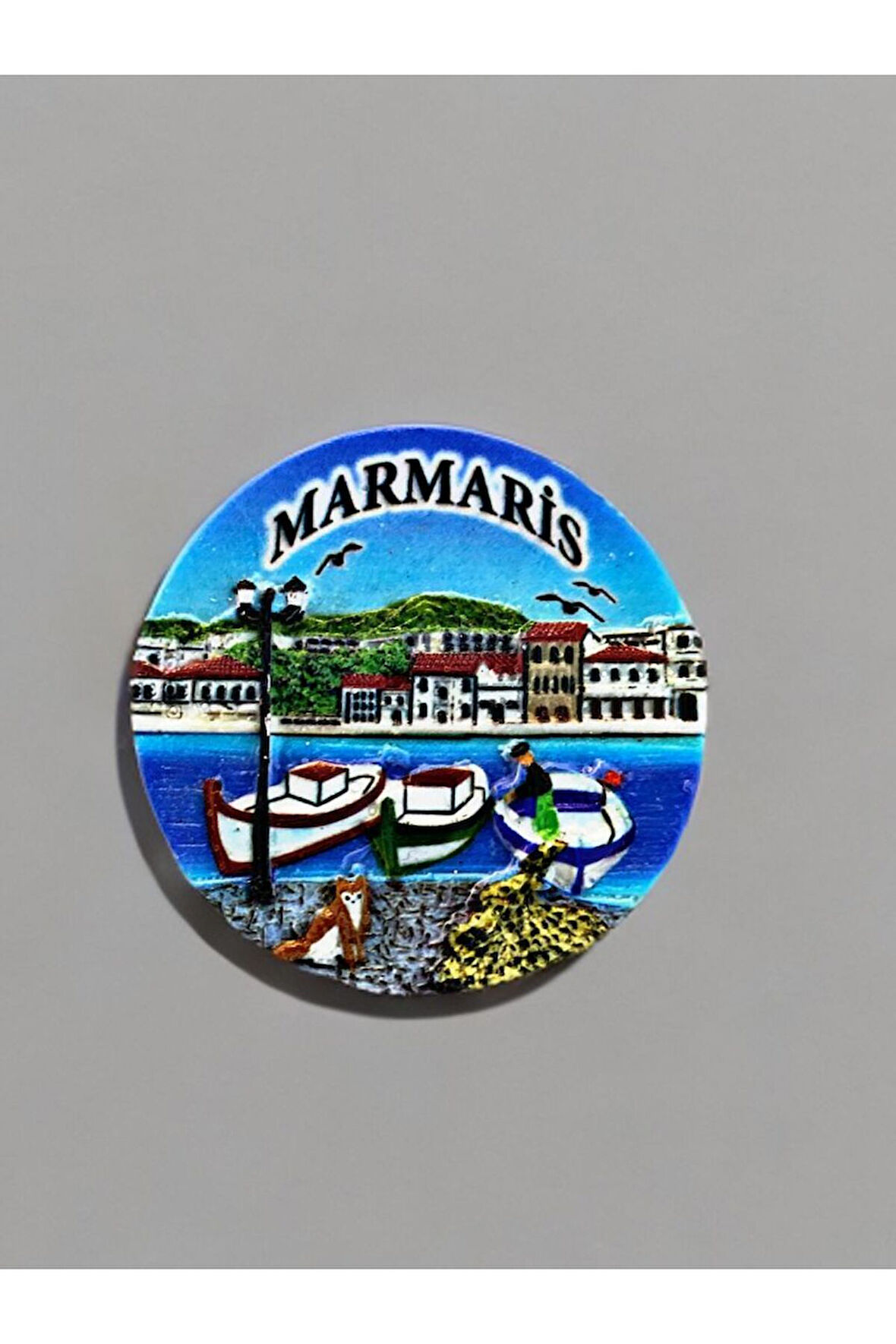 MARMARİS Temalı Kabartmalı Polyester Magnet 6,5 cm çap Lacivert
