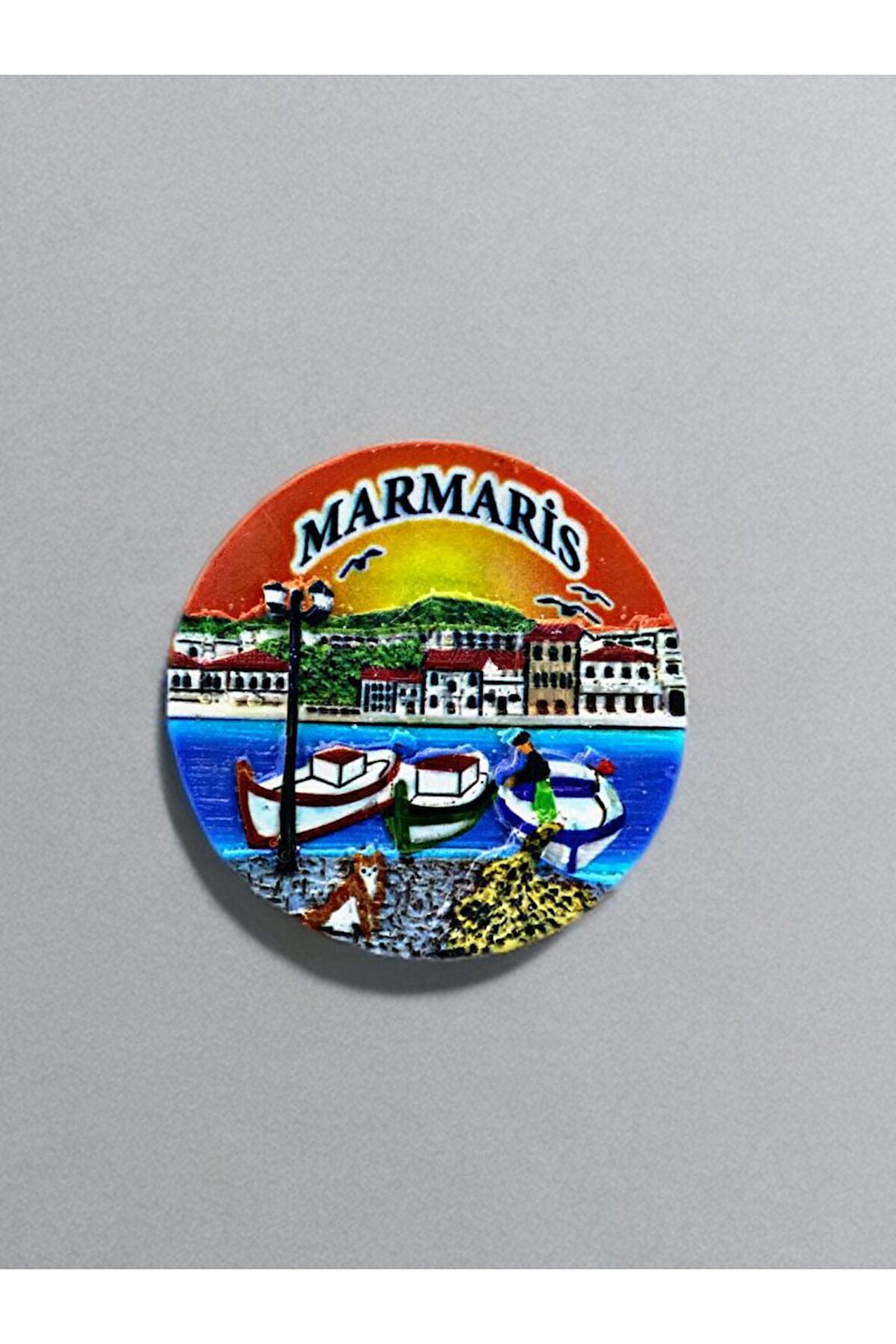 MARMARİS Temalı Kabartmalı Polyester Magnet 6,5 cm çap Turuncu