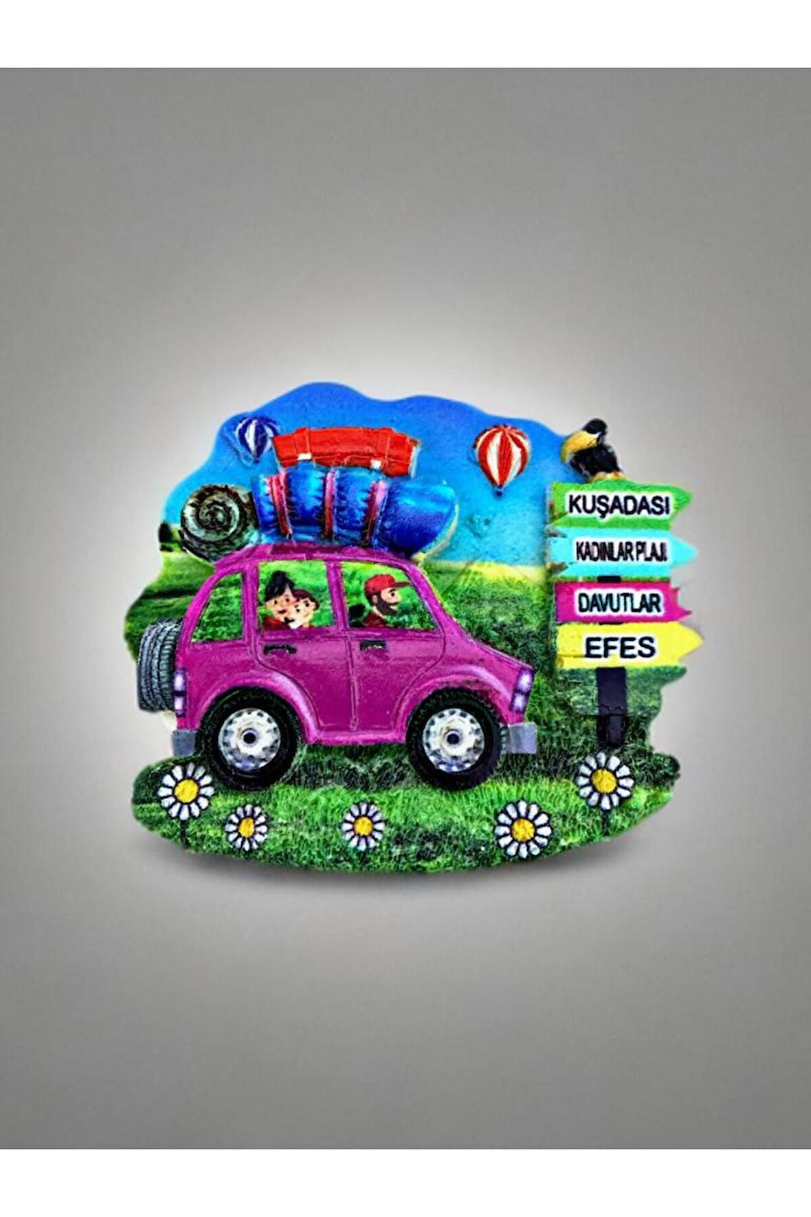 KUŞADASI / KADINLAR PLAJI / DAVUTLAR / EFES  Temalı Kabartmalı Polyester Magnet 7,5cm x 6cm Pembe