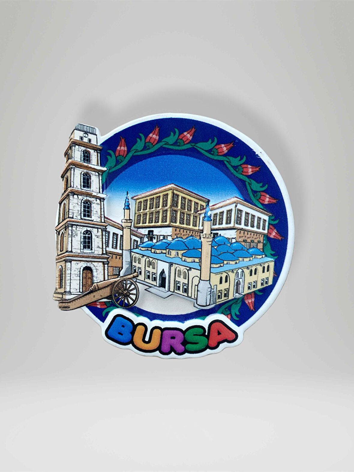 BURSA Temalı Kabartma Polyester Magnet Buzdolabı Süsü (kod:966)  7 cm ÇAP