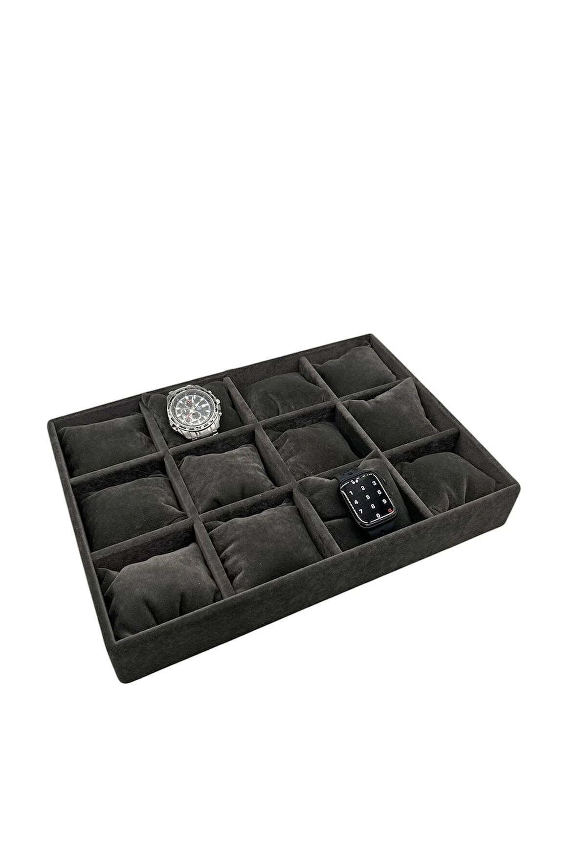 Yerli Üretim Süet Kumaş Füme Renk 34/24 Cm Yastıklı Çekmece Içi Yastıklı Saat Ve Takı Kutusu